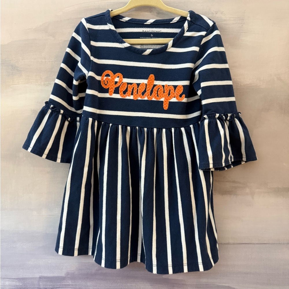 Penelope Orange and Blue Striped Dress‎ with Bell Sleeve